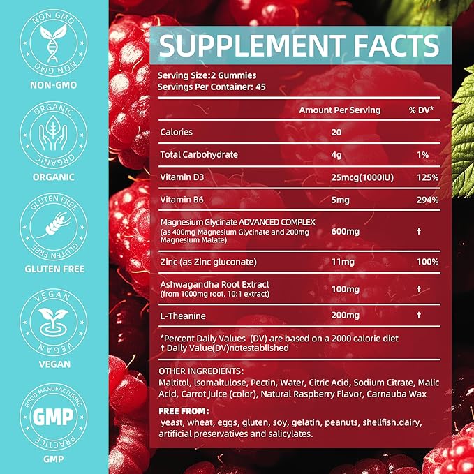 90 Count Magnesium Glycinate Gummies 400 mg - Sugar Free Magnesium Supplement for Adults with Glycinate &amp Malate L-Theanine Ashwagandha Zinc Vitamin B6 &amp D3 Supports Relaxation &amp Slee