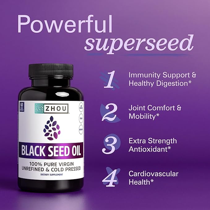ZHOU Black Seed Oil Capsules &amp Elderberry Gummies with Vitamin C &amp Zinc - Black Cumin Seed Oil Cold Pressed Nigella Sativa Daily Immune Support Supplement for Women &amp Men - Pack of 2 60