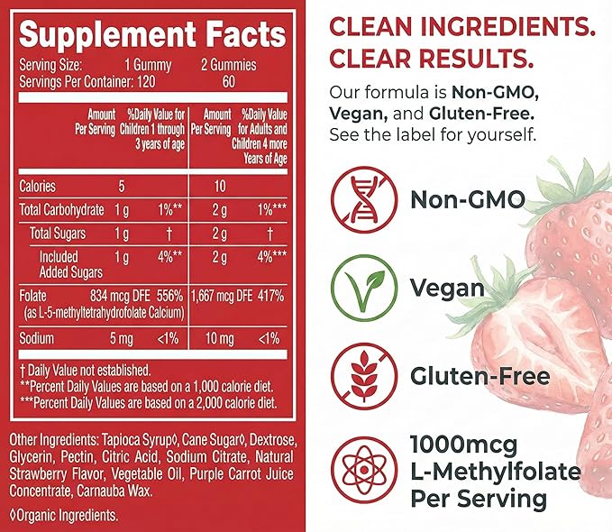 CogniTune L-Methylfolate Gummies 1000mcg - Bioavailable 5MTHF Folate Supplement for Brain Health - MTHFR Support with Delicious Strawberry Flavor
