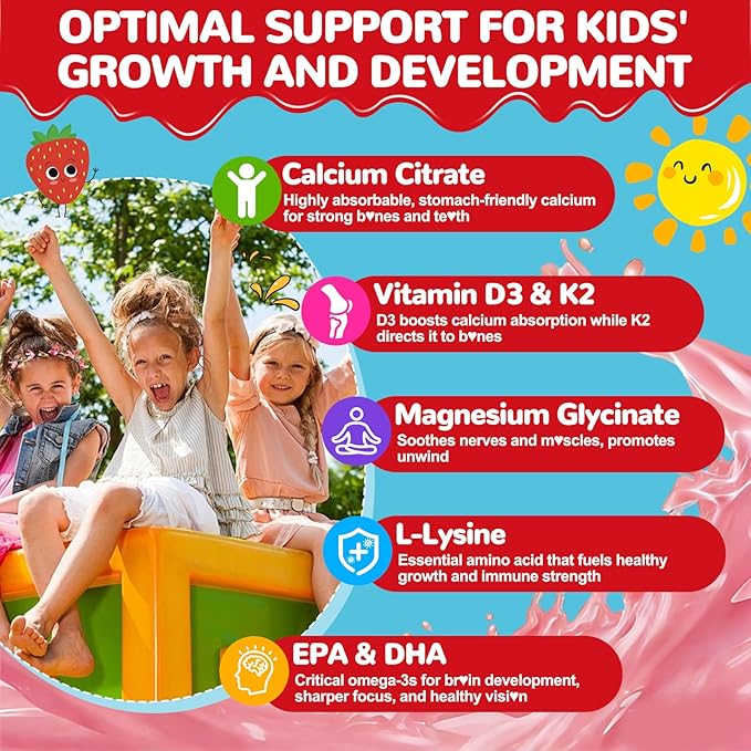 Kids Calcium Gummies with Vitamin D3: Sugar Free Chewable Kids Calcium Citrate plus Vitamin D3 K2 Magnesium Zinc Multivitamin Omega 3 - Growth Digestive Development Support Non-GMO(120Count)
