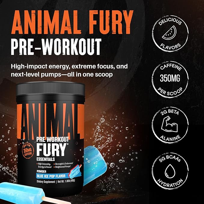 Animal Fury Pre Workout Powder – Blue Ice Pop 350mg Caffeine BCAA Amino Acids 2g Beta Alanine Citrulline &amp Tyrosine Energy Focus Strength Endurance Preworkout for Men &amp Women 30 Serv