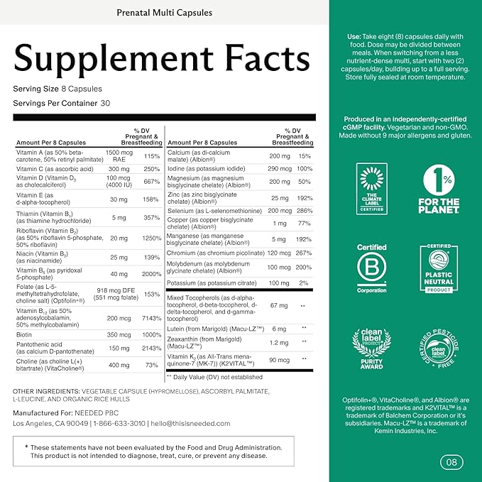 Needed. Multivitamin with Choline Capsules for Prenatal Pregnancy Breastfeeding Postpartum | Expertly-Formulated &amp Third-Party Tested| 30-Day Supply