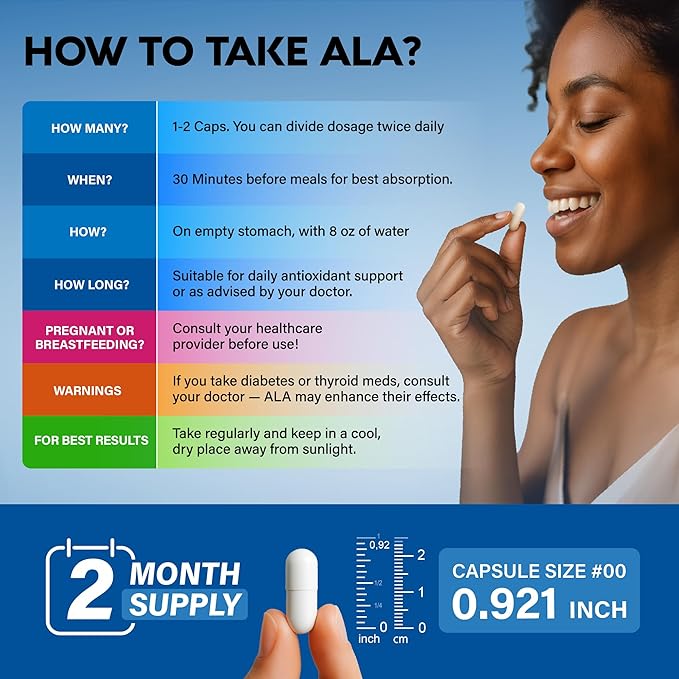 Alpha Lipoic Acid 600mg - ALA Supplement Antioxidant for Nerve Energy &amp Metabolism Support - Extra Strength with Benfotiamine B1 &amp B12 - Lab Tested NON-GMO &amp Vegan - 120 Capsules 2 Mon