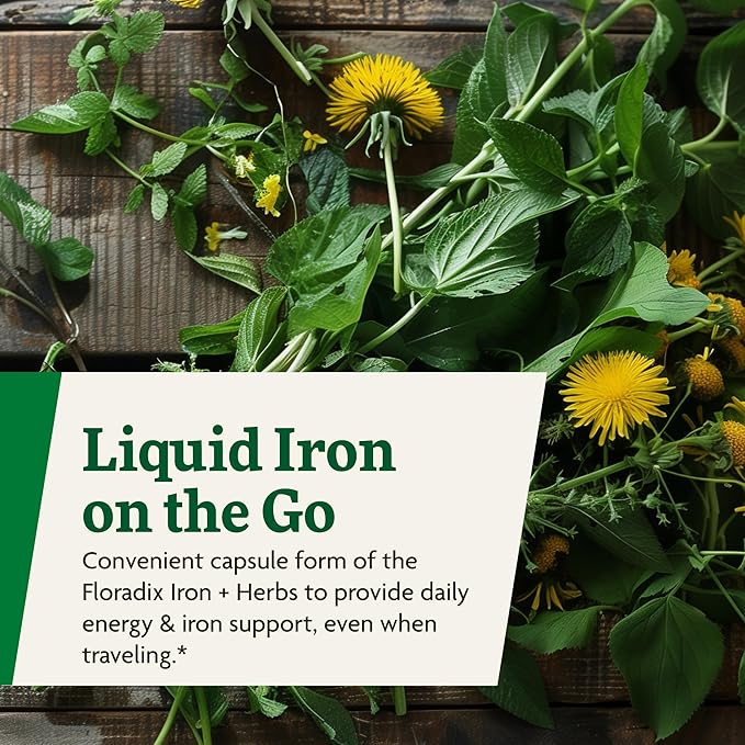 Floradix Iron + Herbs - Iron Supplement for Healthy Energy Support* - Supports Red Blood Cell Formation - Vegan Non-GMO Gluten-Free Soy-Free - 60 Liquid Phyto-Caps