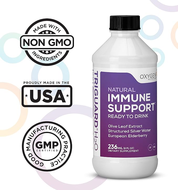 Triguard Plus Colloidal Silver Water Sambucus Elderberry Extract &amp Olive Leaf Extract 3-in-1 Liquid Immune Support Ready to Drink | Powerful Immune System Booster | Great Taste - 8oz Made in US