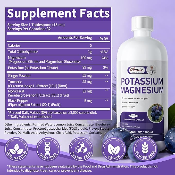 Potassium Magnesium Supplement Liquid-High Absorption Calm Magnesium&ampPotassium Drops Sugar-Free Plus GingerTurmericBlack Pepper for MuscleLeg CrampsBone &amp Energy &amp Immune Support - 16