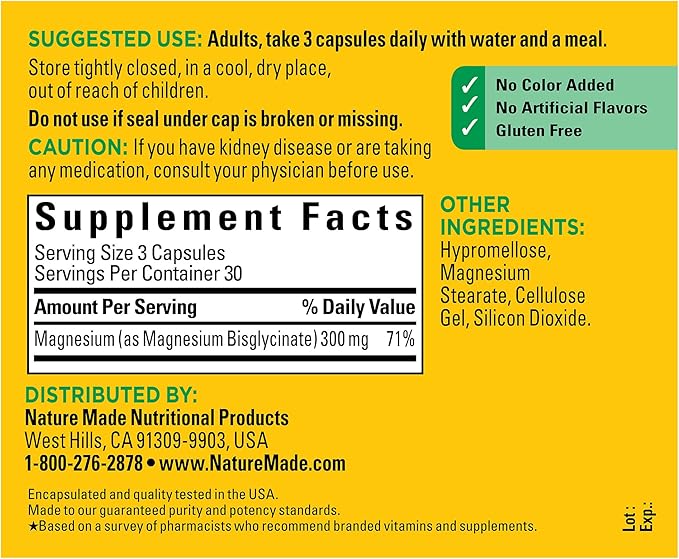 Nature Made High Absorption Magnesium Glycinate 300mg per 3 Capsules Mg-Supplement for Muscle Heart Nerve and Bone Support 90 Mg Bisglycinate Capsules 30 Day Supply(Pack of 2)