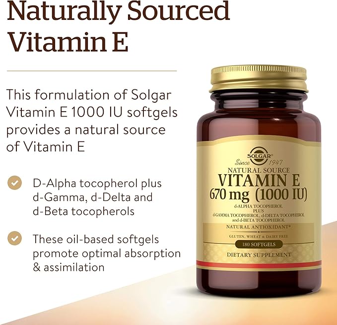 Solgar Vitamin E 670 mg (1000 IU) 180 Softgels - Natural Antioxidant Skin &amp Immune System Support - Naturally-Sourced Vitamin E - Gluten Free Dairy Free - 180 Servings