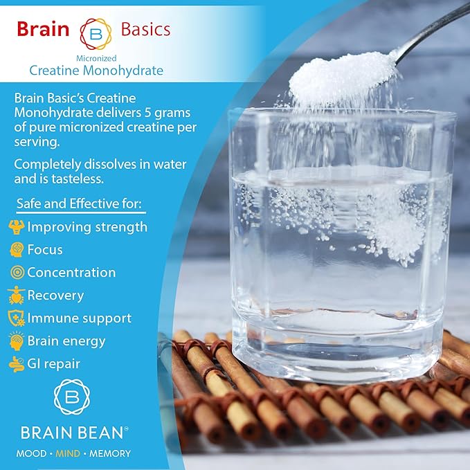 Brain Bean 500mg Unflavored Micronized Creatine Monohydrate Powder Helps Boost Energy for Brain Health - Non-GMO Gluten-Free Creatine Powder Supports Muscle Health (Made in USA)