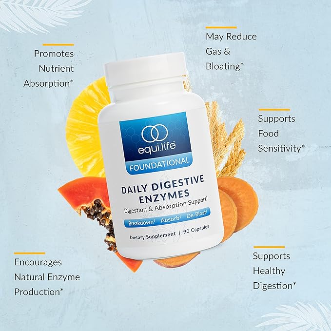 Equilife Daily Digestive Enzyme Supplement with Bromelain Lactase and Lipase Supports Digestion of Protein Fiber Carbs and Fats Gluten Free Vegan Non-GMO 90 Capsules