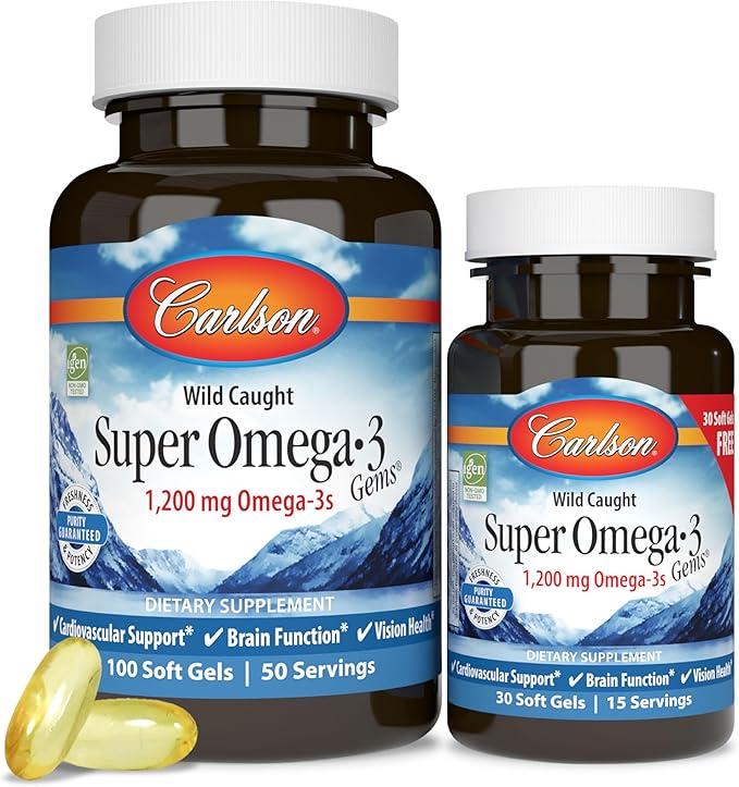 Carlson - Super Omega-3 Gems 1200 mg Omega-3 Fatty Acids with EPA and DHA Wild-Caught Norwegian Supplement Sustainably Sourced Fish Oil Capsules Omega 3 Supplements 100+30 Softgels
