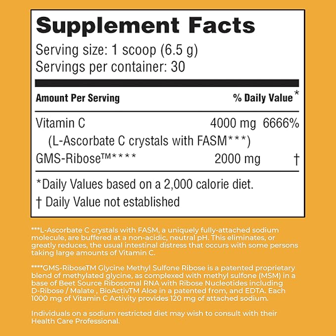 American Nutriceuticals Vitamin C Powder Sugar Free - Immune Booster -Non-Acidic - No Upset Stomach No Gas - 4000mg (30-Day Supply)
