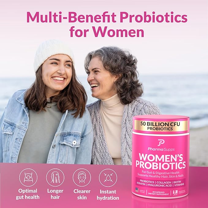 ADVANCED Women's Probiotics for Gut Health With Hair Skin &amp Nails Vitamins Support - 50 Billion CFU w/ Collagen Biotin &amp Keratin - Probiotic Supplement for Digestive Health &amp Bloating R