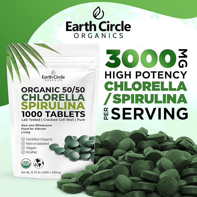 Premium Organic Chlorella / Spirulina Tablets 1000 Count (50/50) | Vegan Kosher Green Algae Superfood | Cracked Cell Wall for Maximum Absorption | High in Protein Iron Chlorophyll - Pack of 2