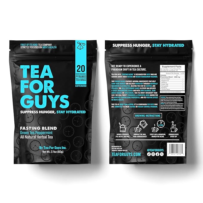 Tea For Guys: Fasting Tea – Strong Herbal Blend for Focus Grit and Control | – 20 Biodegradable Tea Bags