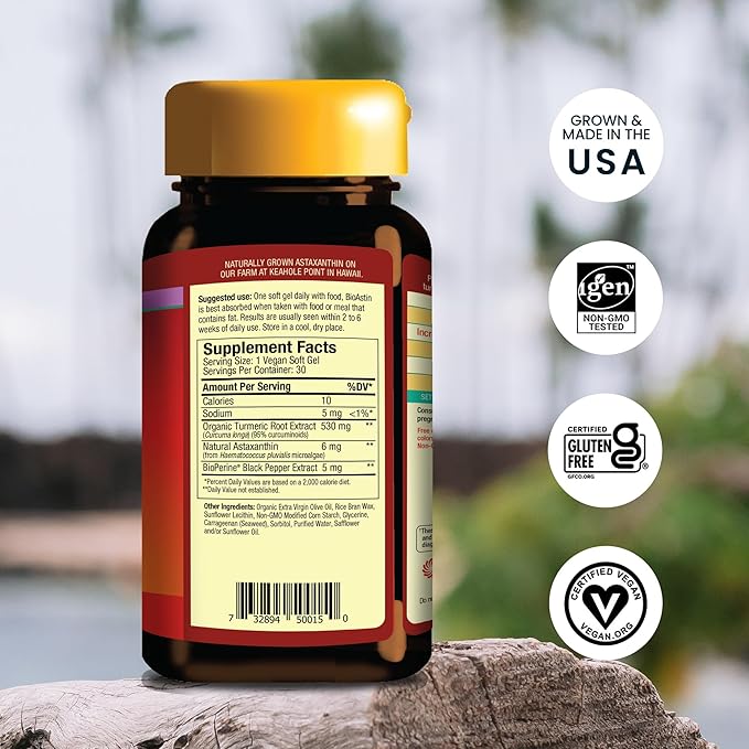 Nutrex Hawaii TurmericAstin – Turmeric &amp Hawaiian Astaxanthin Supplement with BioAstin &amp BioPerine Black Pepper 30 Vegan Softgels