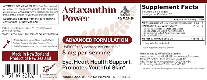 TURNER New Zealand Astaxanthin Power with UAF1000+ Anti-Aging Skin Eye Nerve Muscle Recovery Immune Support Antioxidant Supplement 12mg Astaxanthin 120 Servings 4 Bottles