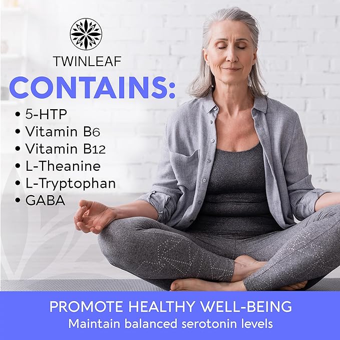 TWINLEAF Serotonin &amp Dopamine Support Bundle - 5HTP Vitamin B6 B12 GABA L-Tyrosine &amp L-Theanine for Mood &amp Mental Well-Being - 60 Capsules Each - Made in USA