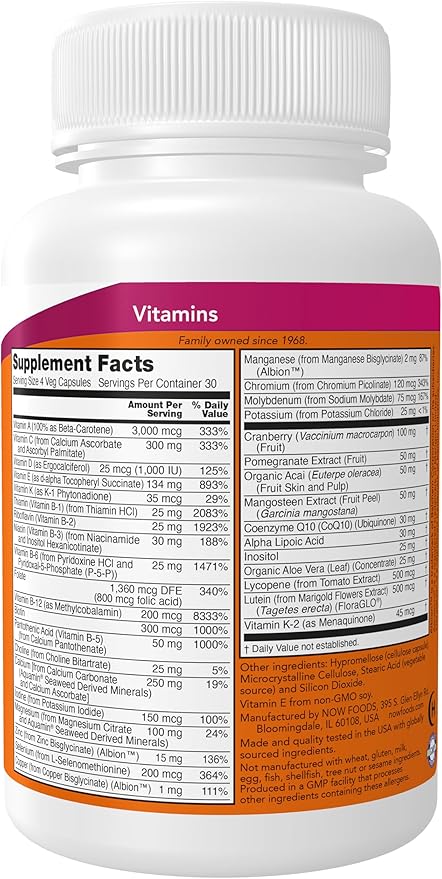 NOW Foods Supplements Eve™ Women's Multivitamin with Cranberry Alpha Lipoic Acid and CoQ10 plus Superfruits - Pomegranate Acai &amp Mangosteen Iron-Free 120 Veg Capsules