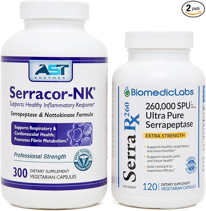 Serracor-NK (300) &amp Serra-RX 260000 SU (120)- Scar Tissue Bundle - Acid-Resistant Serrapeptase Proteolytic Systemic Enzyme