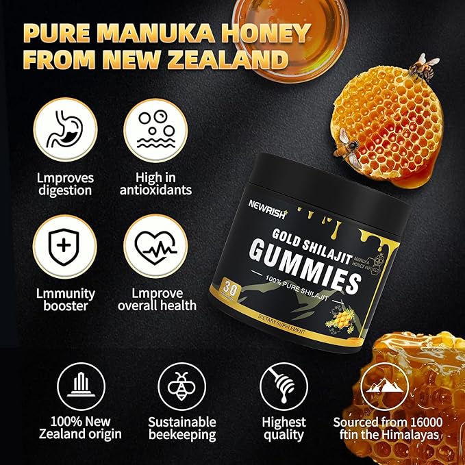 Shilajit Gummies l Manuka Honey | Himalayan shilajit |No Added Sugar I Ashwagandha Gokshura| Fulvic Acid &amp 85+ Trace Minerals I for Men Women I Non-GMO I 100% Natural &amp Organic I 30 Gummy