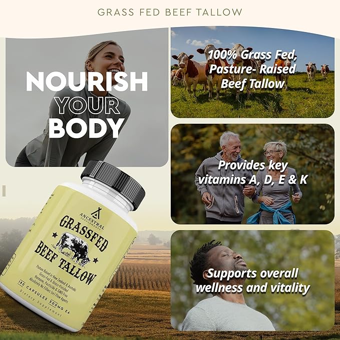 Ancestral Supplements Grass Fed Beef Tallow Capsules 3000mg Nourishing Kidney Fat Supplement Supports Bones Teeth Gums Skin Immune and Overall Health Non-GMO 180 Capsules