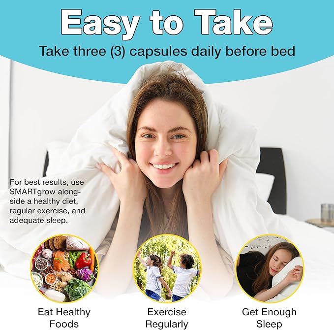 SmartGrow Premium Growth Formula for Teens – Bone Brain Sleep &amp Eye Support – Calcium Vitamin D3 Amino Acids – Daily Wellness Supplement (180 Capsules) – 3 Month Supply