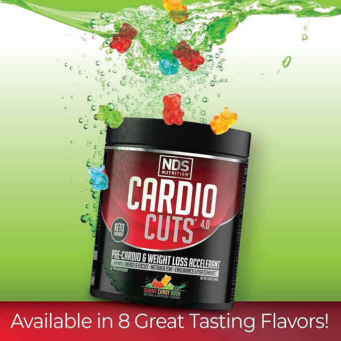 Cardio Cuts NDS Nutrition 4.0 Pre Workout Supplement - Advanced Weight Loss and Pre Cardio Formula with L-Carnitine CLA MCTs L-Glutamine and Safflower Oil - Gummy Rush (40 Servings)