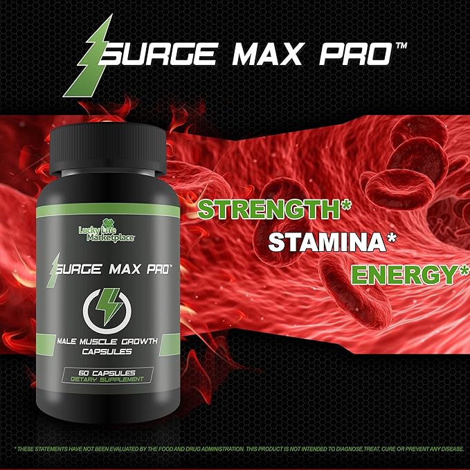 Surge Max Pro - Muscle Growth Formula - Enhance Power Strength Stamina &amp Energy - Explosive Muscle Pump - Big Gains - Aid Oxygen &amp Nutrient Delivery to Muscles - L-Arginine - Build Muscle M