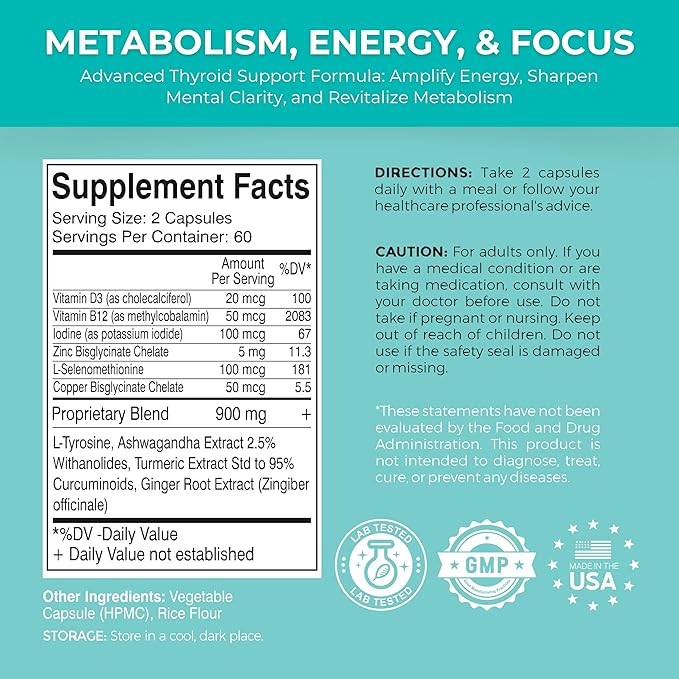 Advanced Thyroid Support 2 Month Supply – Supports Energy Focus &amp Hormone Balance – with Iodine Selenium Ashwagandha &amp L-Tyrosine (Vegetarian Non-GMO)