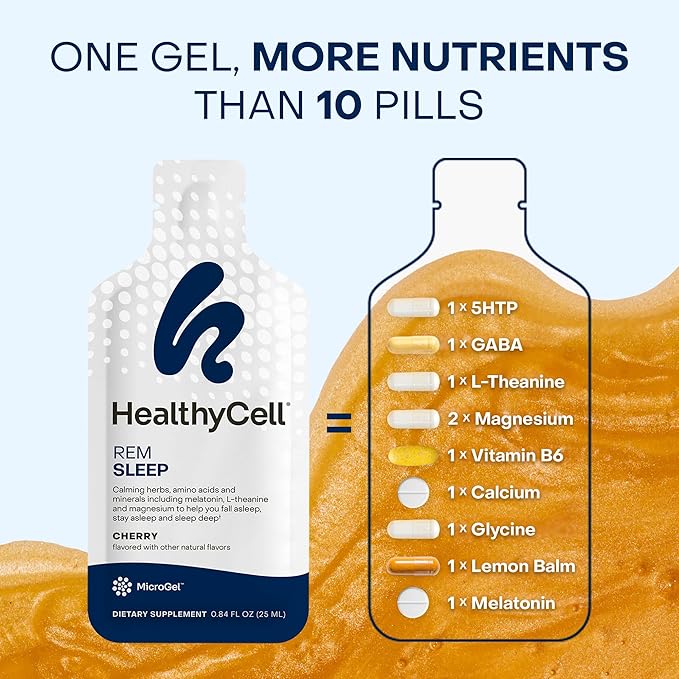 Healthycell REM Sleep Aid Supplement for Adults - Liquid Gel Extra Strength Sleep Supplement with Melatonin Magnesium L-Theanine GABA &amp Natural Calming Herbs - 30 Gel Packs Cherry Flavored