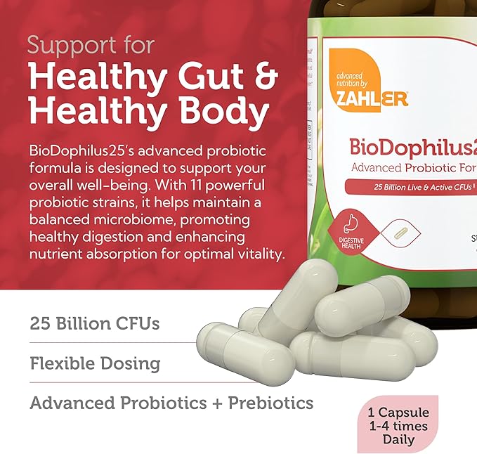 Zahler BioDophilus25 25 Billion CFU Probiotic + Prebiotic - 11 Strains Daily Probiotic Supplement - Kosher Probiotics for Women for Digestive Health Probiotics for Men for Gut Health (120 Capsules)