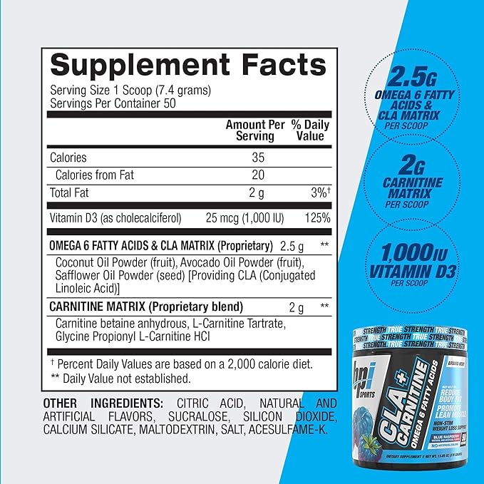 BPI Sports CLA+Carnitine – CLA L Carnitine &amp Linoleic Acid – L Carnitine Supplement for Weight Loss Metabolism &amp Lean Muscle – Caffeine Free – Blue Raspberry – 50 Servings – 12.34 oz