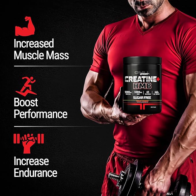 GMU SPORT Creatine HMB Powder – 45 Servings – 5g Creatine Monohydrate + 3g HMB + Piperine – Muscle Growth Strength &amp Recovery – Fruit Punch