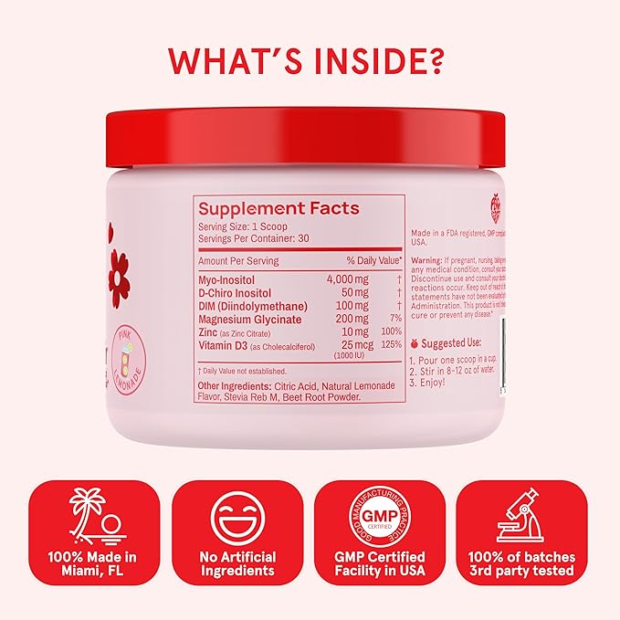 Peach Perfect Inositol Powder Multivitamin Pink Lemonade Flavor – 4g Myo &amp D-Chiro Inositol DIM Zinc Magnesium Glycinate Vitamin D3 – Supports Women’s Health Cycle Energy 30 SVG