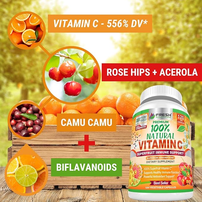 Fresh Healthcare Whole Food Vitamin C 500mg - Natural Supplement from Rose Hips Acerola Cherry &amp Camu Camu - with Citrus Bioflavonoids for Immune Support - 120 Vegan Capsules