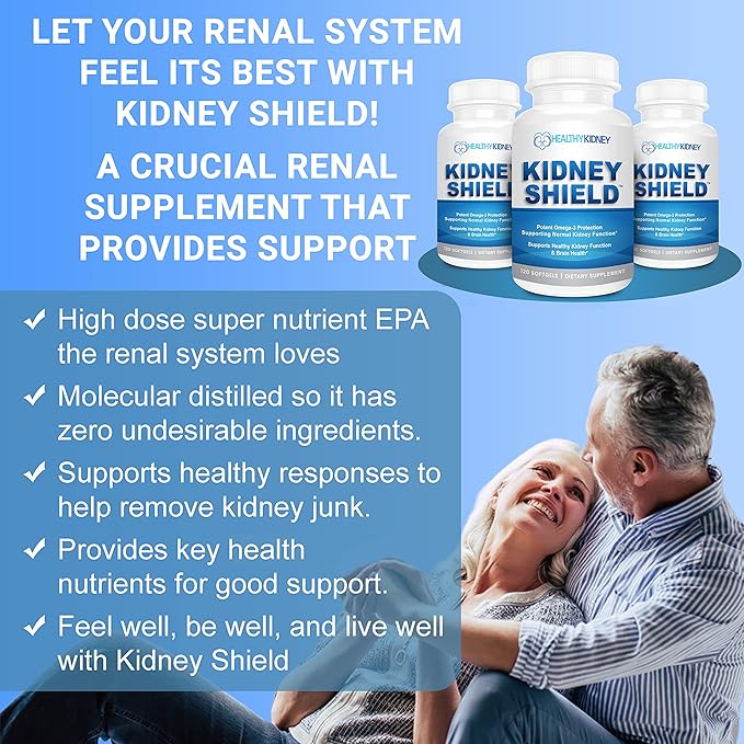 Kidney Shield Omega 3 Fish Oil Supplements - DHA EPA Omega 3 Supplement for Women &amp Men Kidney Health - Omega3 to Support Normal Kidneys Function &amp Cleanse Detox &amp Repair - 120 Lemon Soft