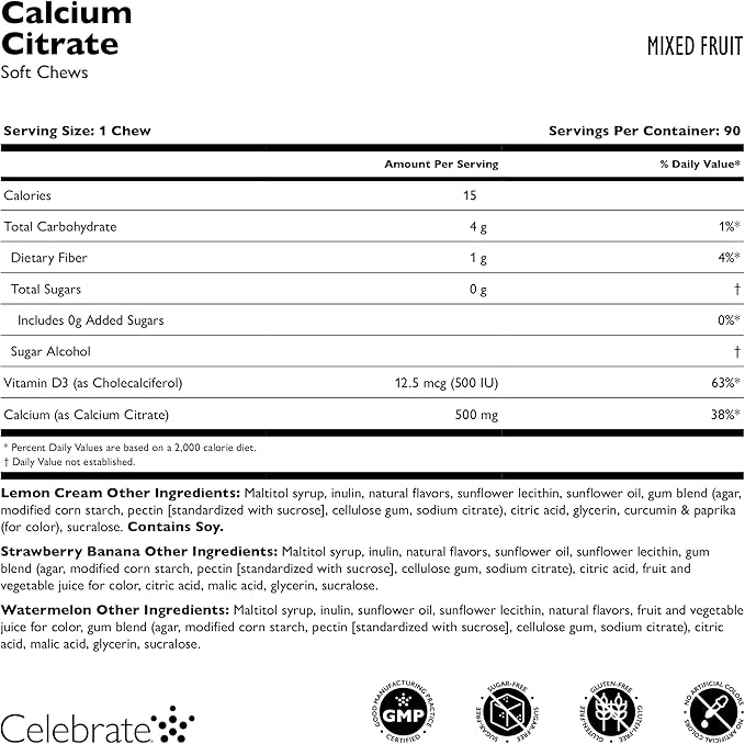 Celebrate Vitamins Bariatric 500mg Calcium Citrate Soft Chews with 500 IU Vitamin D3 – Essential for Gastric Bypass Patients &amp Bone Health - Sugar &amp Gluten Free Fruit (270 Chews)