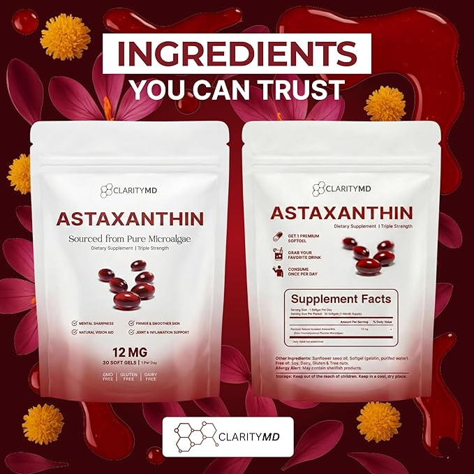 Astaxanthin 12mg Antioxidants Supplement – Natural Microalgae Source – Lipid-Based Softgel for Enhanced Absorption – Cognitive Vision &amp Joint Support – 30 Softgels (Pack of 3)