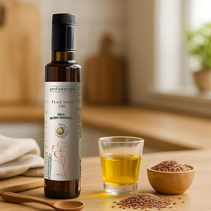Prof Saracoglu Flaxseed Oil – Cold Pressed Solvent-Free Flax Seed Oil in Glass Bottle | Plant-Based Omega 3 with Lignans | Vegan Non-GMO | Hair Skin &amp Wellness | 8.45 fl oz