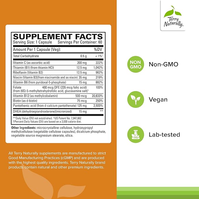 Terry Naturally Cortisol Rescue - Stress Response Support with Vitamin C &amp Bioactive B Vitamins - Adrenal Health &amp Energy Support Supplement - 60 Capsules (60 Servings)