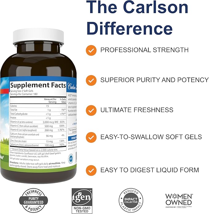 Carlson - ACES + Zn Vitamins A C E + Selenium &amp Zinc Multivitamin with Zinc Cellular Health &amp Immune Support Selenium Multivitamin Antioxidant 360 Softgels
