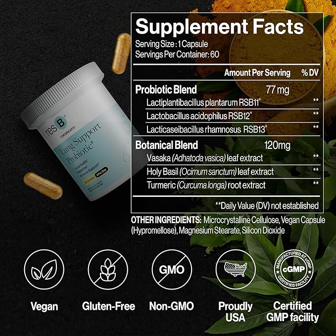 resB Lung Support Probiotic Supplement - Lung Health Supplement for Smokers Gut Health Immune Support Respiratory Care Holy Basil Turmeric Clinically Trialed - 180 Capsules (3 Bottles)