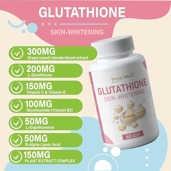 Whitening Capsules Contain glutathione 200mgGrape Seed Extract 300mgas Well as nicotinamide Ergothioneineand α-lipoic Acid60 Vegan Capsules Used for Skin whitening and Anti-Oxidation
