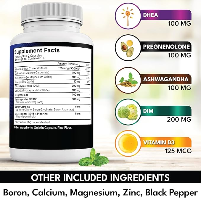 NEW AGE DHEA Supplement - Pregnenolone for Men &amp Women with DIM Ashwagandha Boron Calcium Magnesium Zinc Vitamin D3 5000iu - Support Capsules - 180 Count