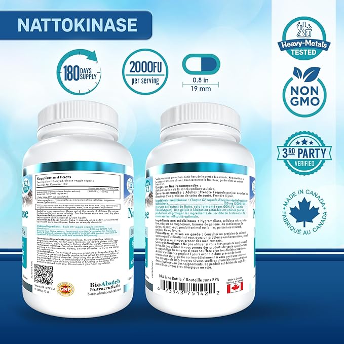 Bio Absorb Nattokinase Supplement 180 Caps - Serrapeptase Enzyme 60 Caps Bundle