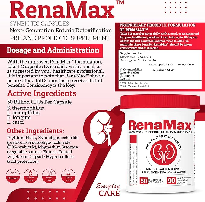 Capsule Kidney Restores &amp Kidney Care Supplement - Probiotic &amp Prebiotic Supplement to Support Normal Kidney Function - 50 Billion CFU per Capsule - Made in U.S.A (270 Caps (3 Pack))