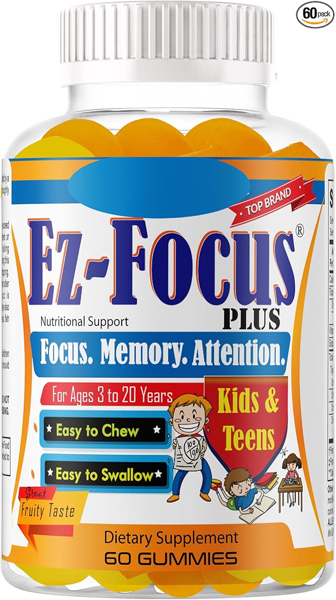 Plus Brain Booster Omega 3 Kids Focus and Attention Supplements for Cognitive Health Support Memory Mental Clarity Concentration for Children and Teens - Fruity Flavor Vitamins 60 Count