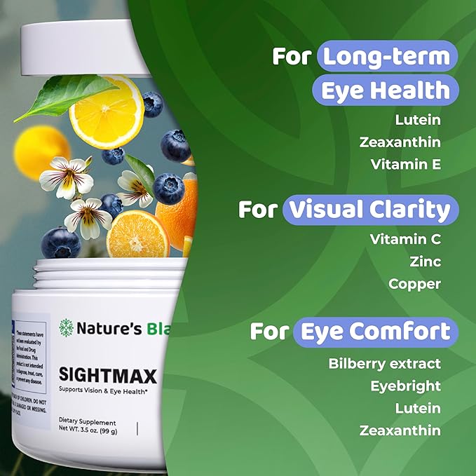 SightMax Eye Health Supplements - Eye Vitamins - with Bilberry Eyebright Lutein Zeaxanthin &amp More Vitamins - Vegan Non GMO Gluten Free - 3.5 Oz - 30 Servings - Berry Rush Flavor
