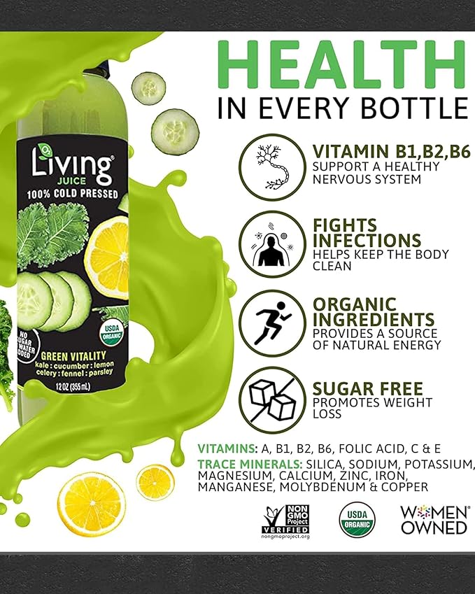 O2 Living Juice Cold Pressed Drink Variety Flavors Pack - Organic Juice Drinks - No Added Sugars or Water Natural Sweetness from Fruits Rich in Nutrients &amp Vitamins Non-GMO - 12oz 10-Pack
